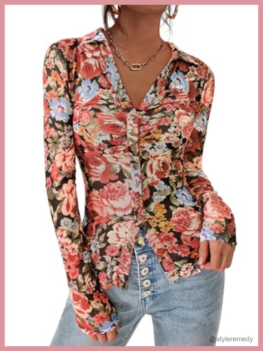 Women's Boho Mesh Floral Button Down Blouse V-Neck Long Sleeve Top